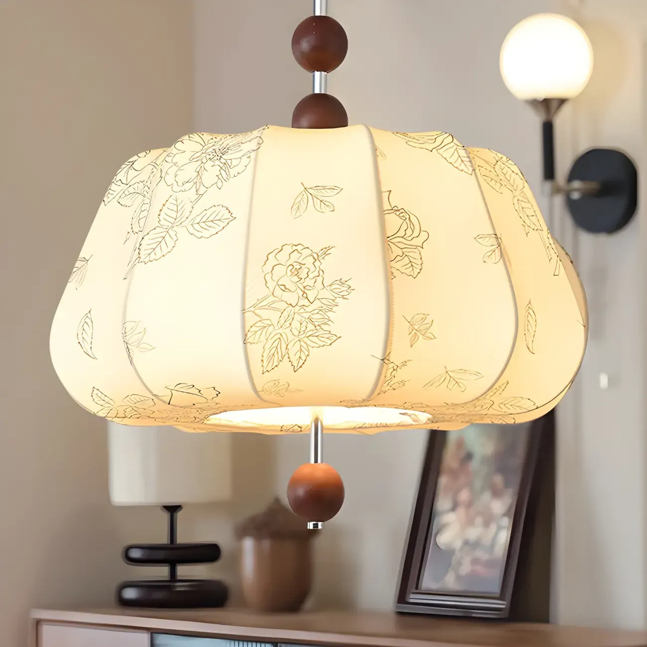 Elegant Flower Pattern Beige Fabric Geometric Chandelier