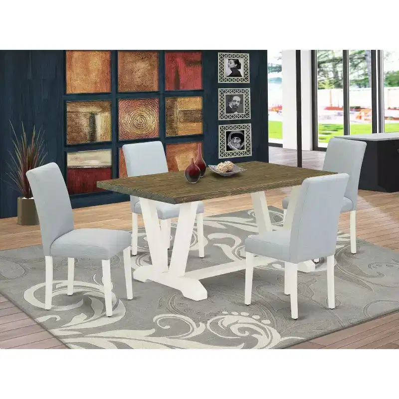 HomeStock 5-Pc Rectangle Natural Oak Finish Solid Wood Top Dining Table with 4 Upholstered Chairs