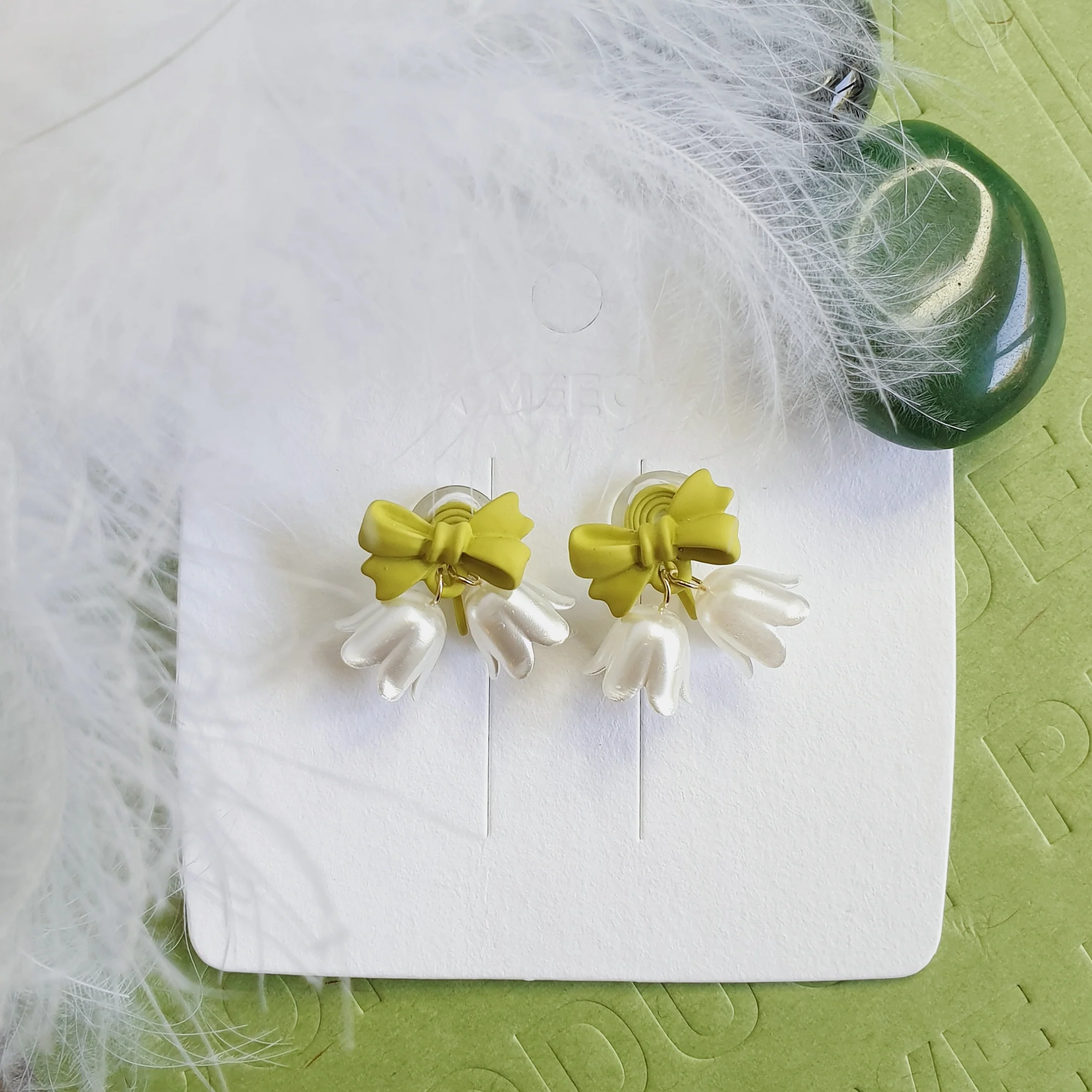 Luninana Clip-on Earrings -  White Bluebell with Green Ribbon Earrings LL022