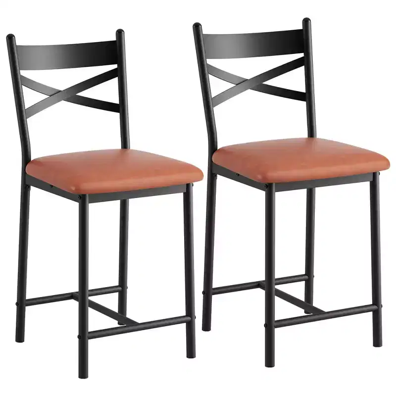 Set of 2 Counter Height Bar Stools with Back, Upholstered Faux Leather Bar Chairs with Thick Cushion and Footrest