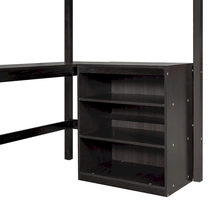 Wood Twin Loft Bed with Desk and Shelves