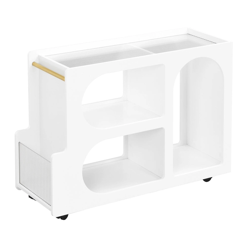 31.5 Modern Mobile End Table with 5mm Thick Fluted Tempered Glass, Lockable Wheels and Golden Round Rod