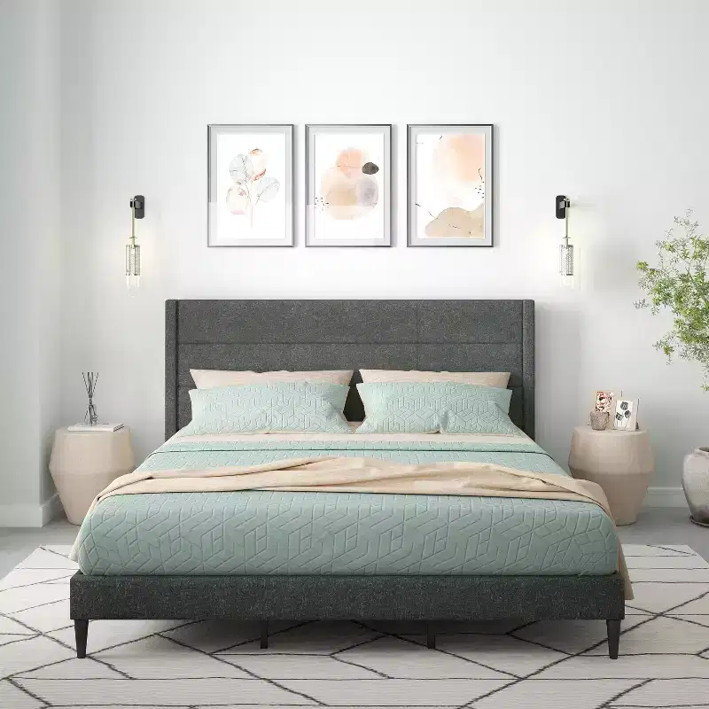 Glenwillow Home Pax Upholstered Platform Bed Frame, Sleak Wingback, Mattress Foundation, No Box Spring Needed, Easy Assembly
