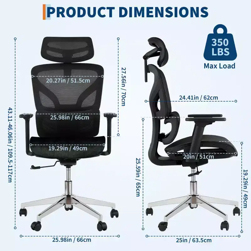 Black / Grey Mesh High-Back Ergonomic Office Chair for 1 — 4D Armrests, Headrest, Lumbar Support