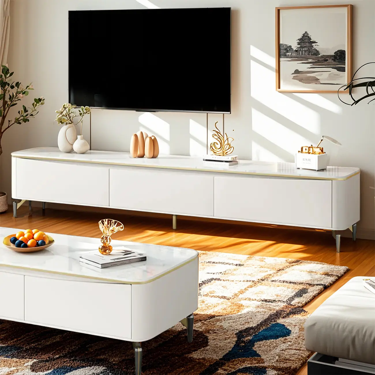 71 Modern White Stone Top TV Stand with Cable Management