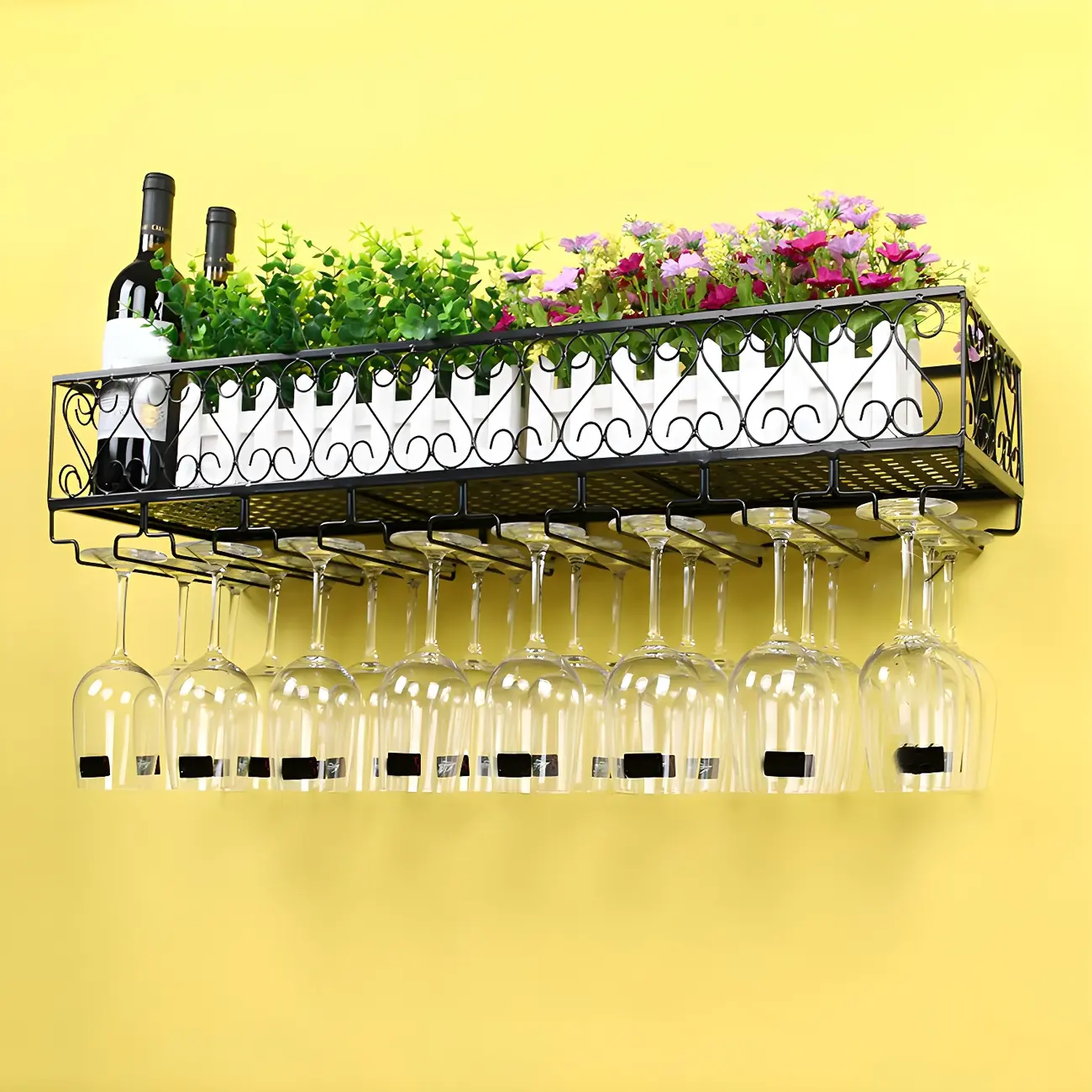 Modish Black Metal Wall Mounted Wine Glass Rack