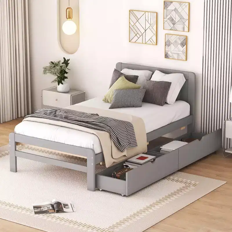 Gray / Walnut / White Washed Twin Upholstered Platform Bed with Trundle & 2 Drawers, Sleeps 1