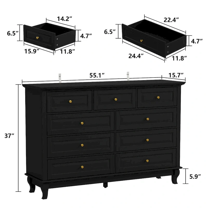 9-Drawer Dresser with Solid Wood Legs Chest Of Drawers Lacquer Console