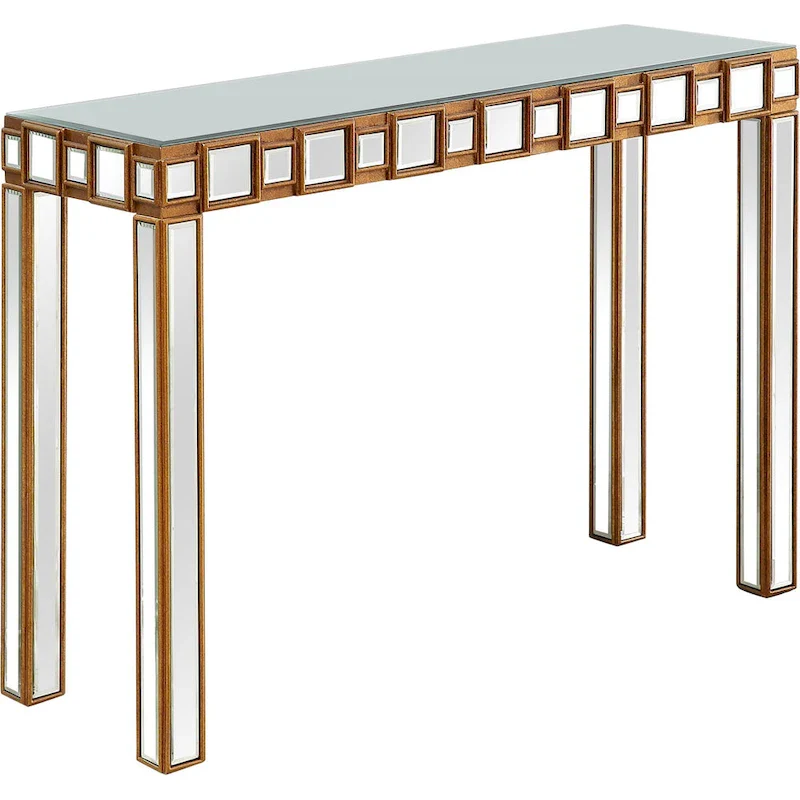 Gold Mirrored Rectangular Console Table and Four-Leg Glass Base - 43 L x 14 W x 31 H