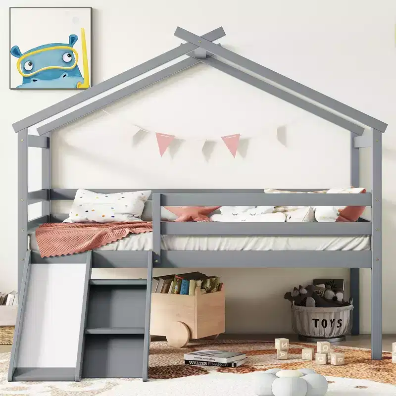 Whisen 81.7L x 67.6W Twin Low Loft House Bed with Slide, Ladder, Safety Guardrails, House Roof Frame