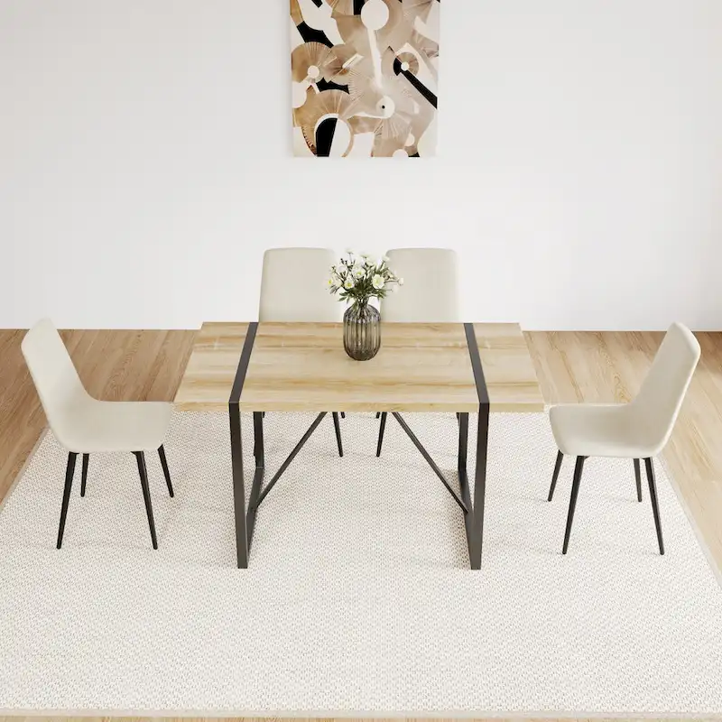 Natural Wood Industrial 5-Piece Dining Table Set with 4 Chairs, Metal Base & Legs