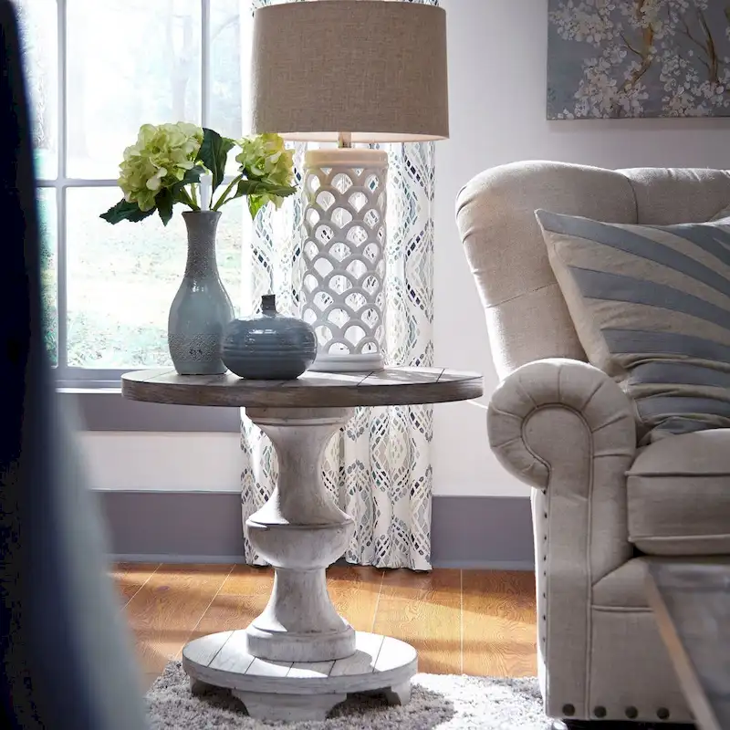 Round End Table – Distressed White, Wood Top, Single