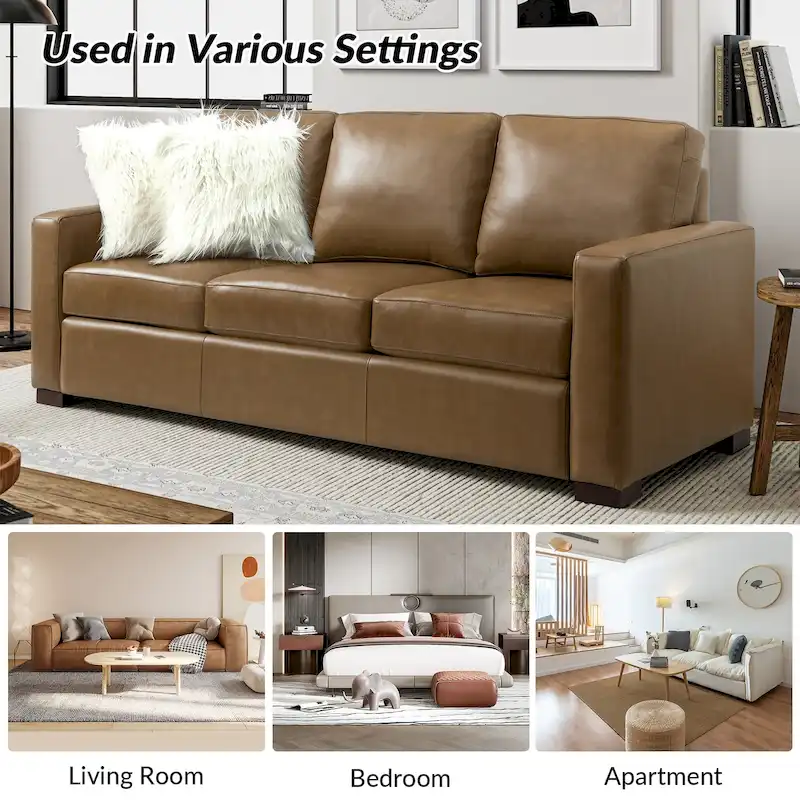 Ernando 83.46 Wide Genuine Leather Sofa with Squared Arms and Pillows