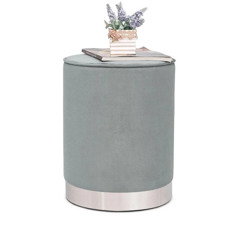 Adeco Vanity Upholstered Round Velvet Ottoman Footstool Silver Trim
