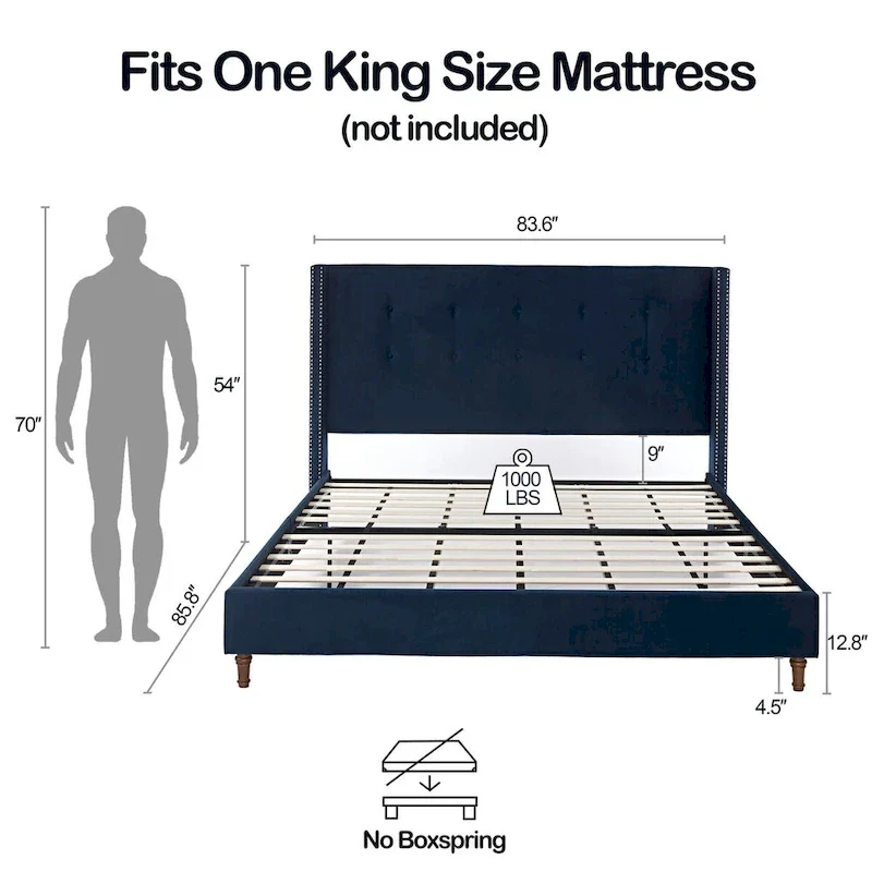 CUSchoice 54 High Headboard Upholstered Queen/King Bed (No Box Spring Needed)