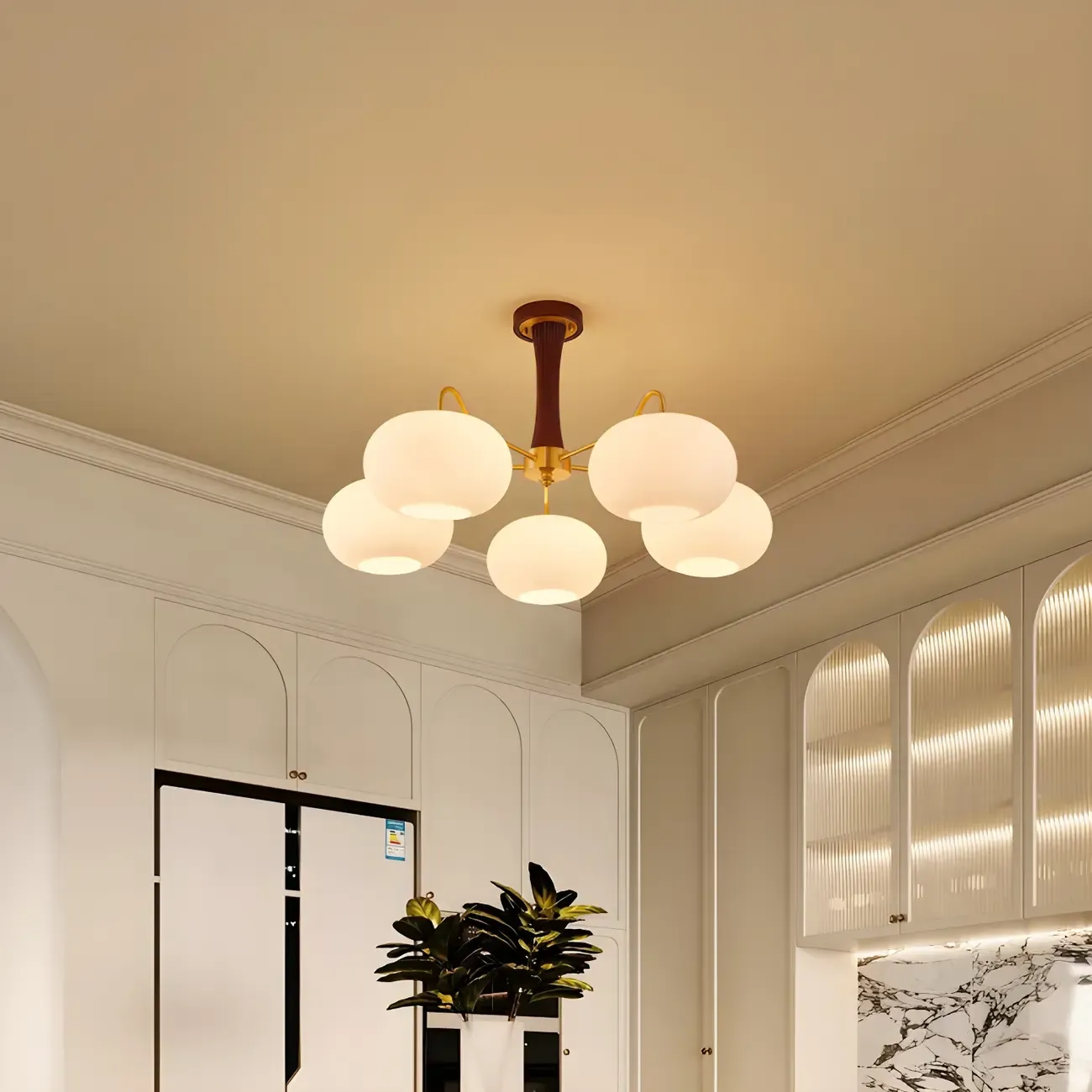Classic Large Glass Drum Walnut Wood Semi Flush Ceiling Light