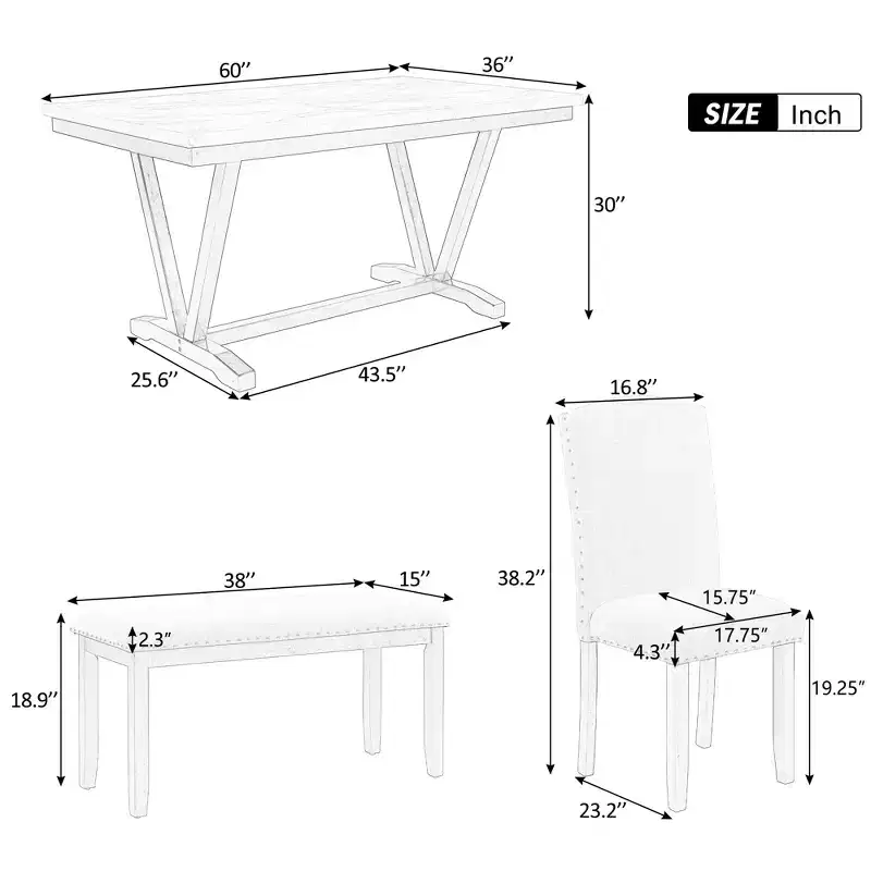 Whisen Modern Style 6-Piece Dining Table Set with 4 Chairs and 1 Bench and Teble with Marbled Veneers Tabletop - White