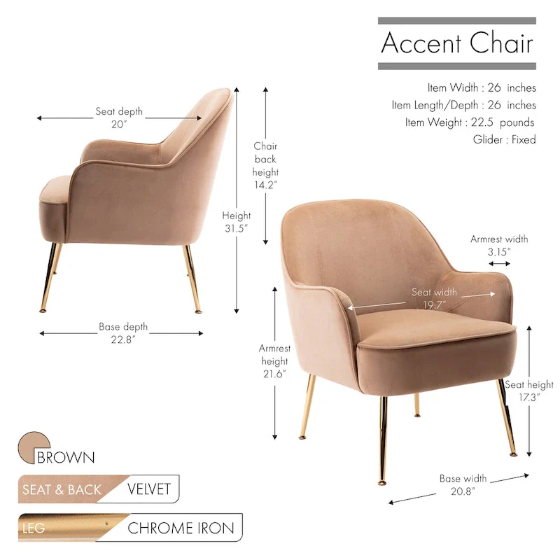 Velvet Upholstered Accent Chair with Gold Chrome Legs