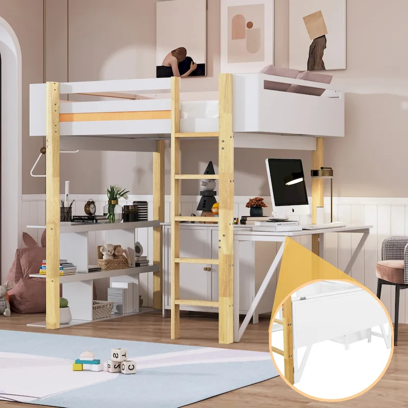 White Full Size Solid Wood Loft Bed with Built-in Storage and Foldable Desk