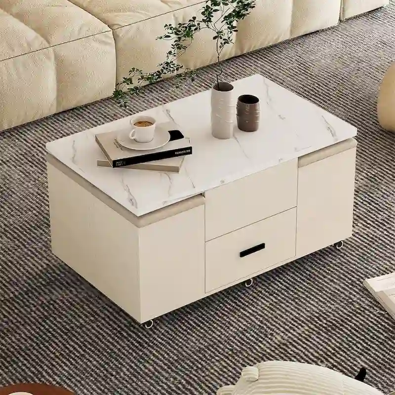 Modern Lift-Up Coffee Table with 4 Stools and 2 Drawers