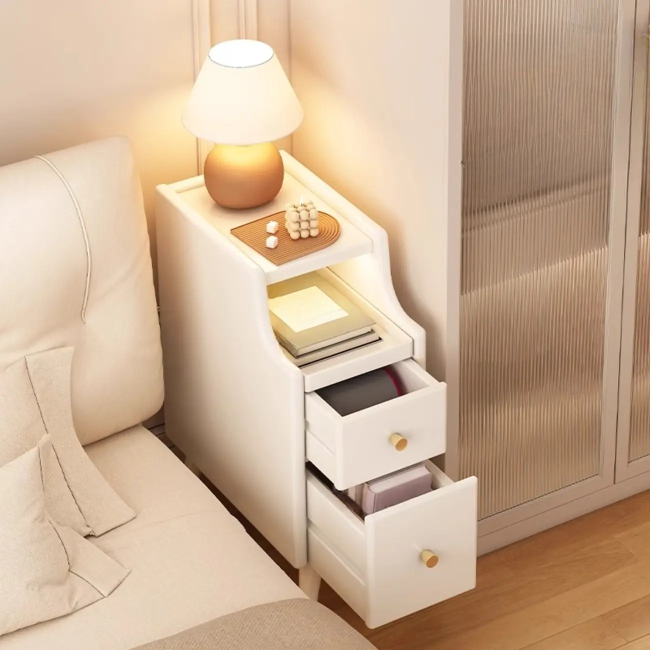 Narrow White Wood 2 Shelves Nightstand