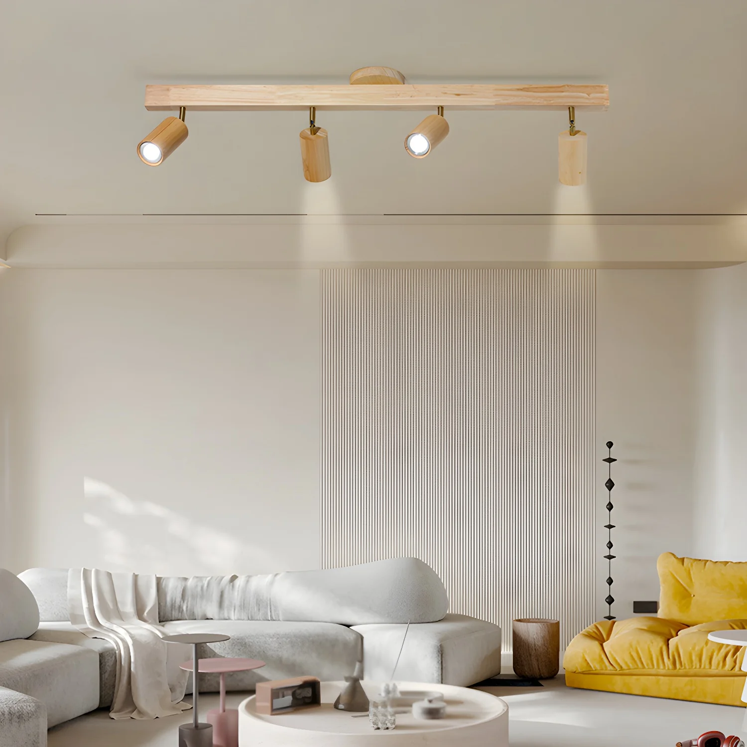 5-Light Wood Track Spotlight Adjustable Semi Flush Mount Ceiling Light