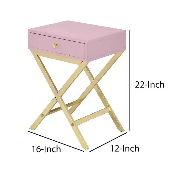 Metal Side Table with Crossed Base, Pink and Gold