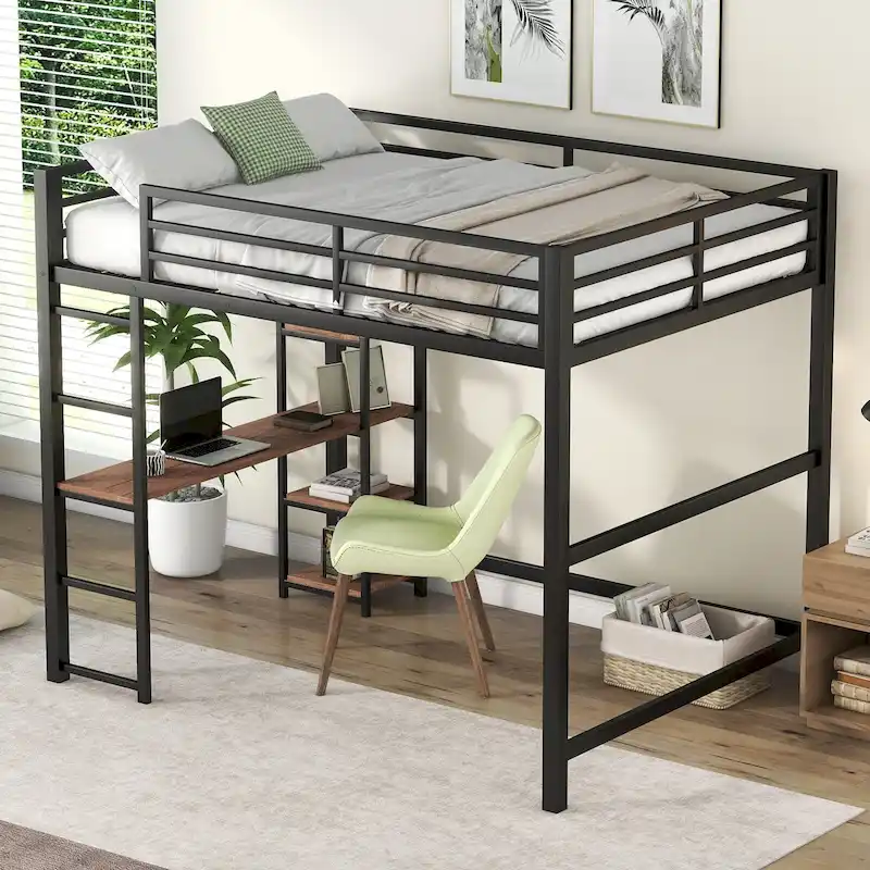 Black Full Size Metal Loft Bed with Desk and Storage Shelves