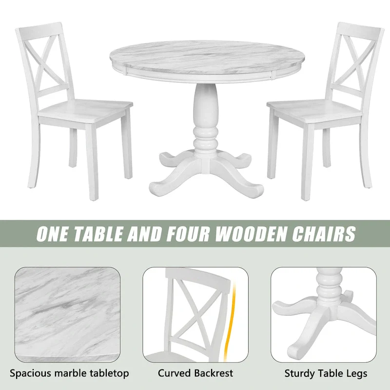Modern Style Wooden 5-Piece Dining Set with Round Table amd 4 Upholstered Chairs