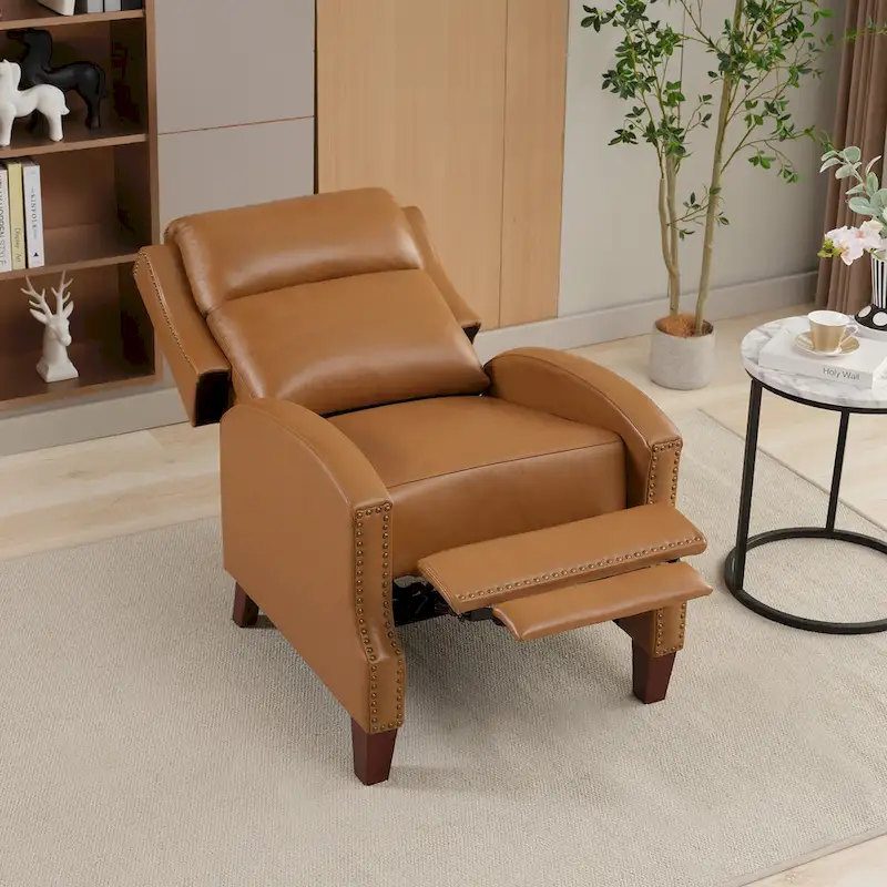 Genuine Leather Pushback Recliner with Multi-Angle Seat Back and Solid Wood Legs