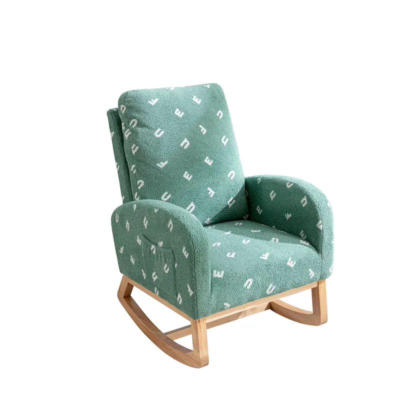 Modern Upholstered Rocker Armchair With Side Pocket, High Back Wooden Nursery Chair