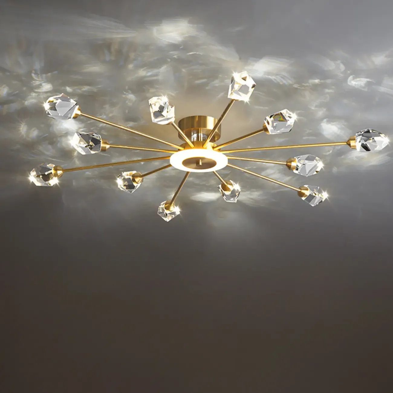 Gold Sputnik Crystal Semi Flush Dimmable LED Ceiling Light