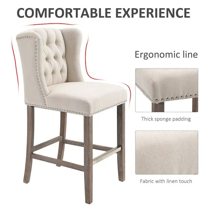 HOMCOM 2 Piece Counter Height Barstools Kitchen Breakfast Stools with Nailhead-Trim and Tufted Back, Solid Wood Legs