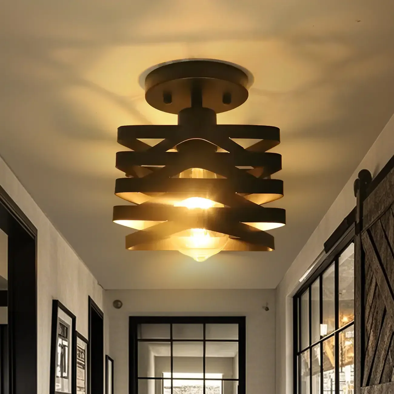 Industrial Geometric Black Iron Hallway Semi Flush Ceiling Light