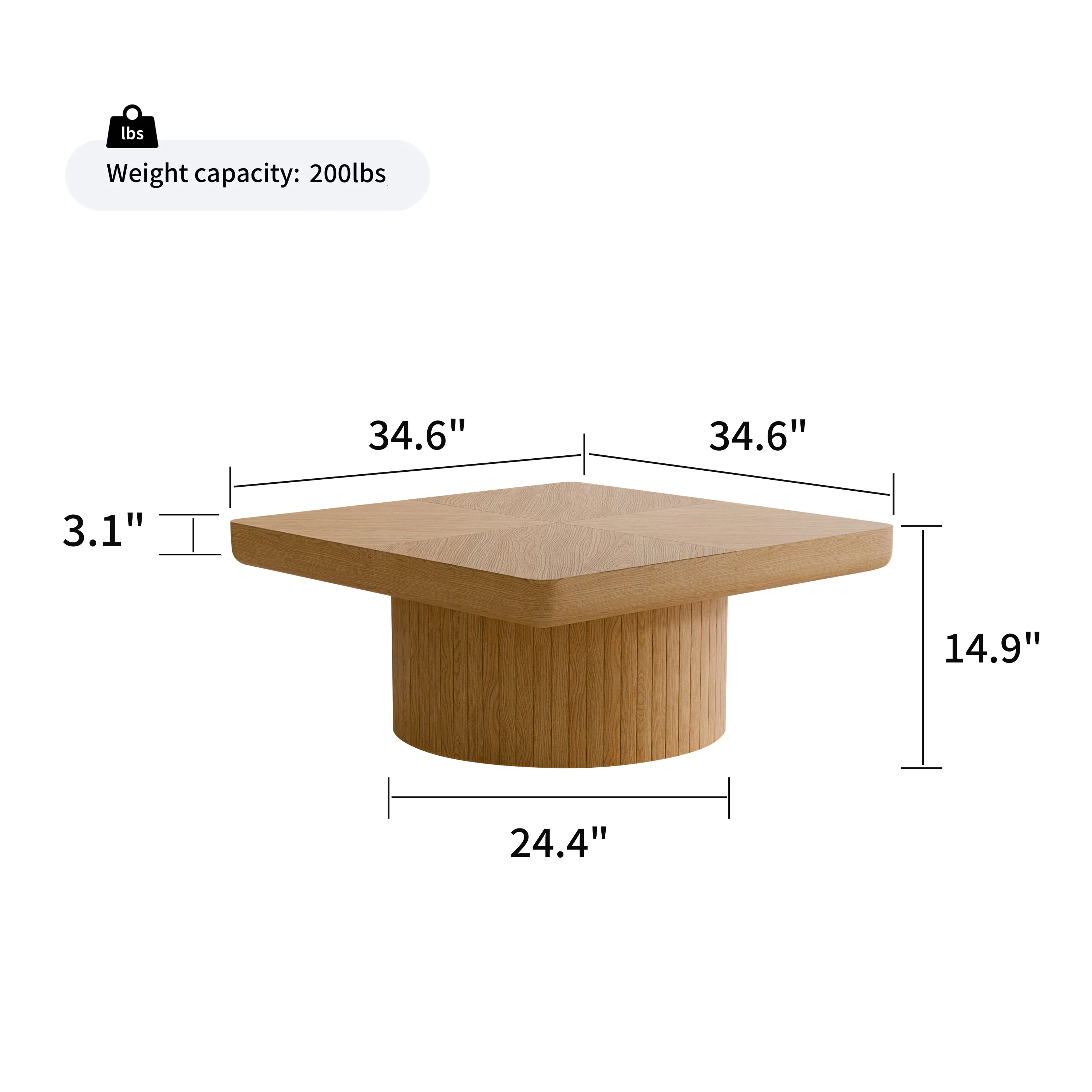 Modern Veneer 34.6'' Square Fluted Cylindrical Base Coffee Table