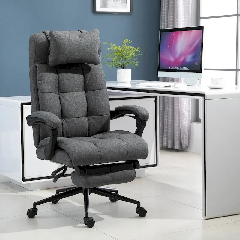 Executive Linen Fabric Home Office Chair with Retractable Footrest, Headrest, and Lumbar Support