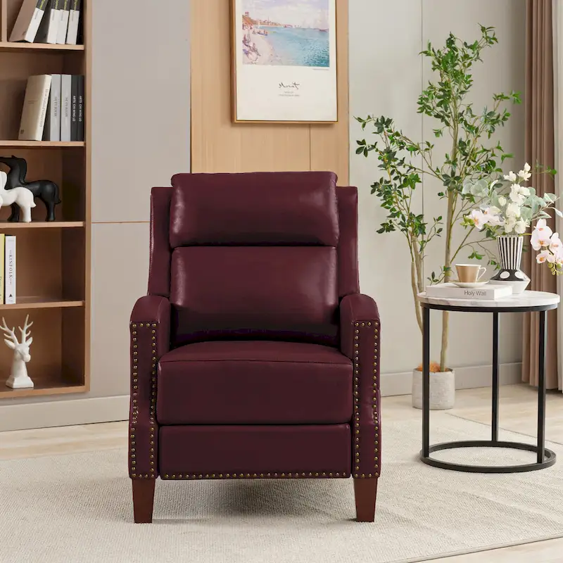Genuine Leather Pushback Recliner with Multi-Angle Seat Back and Solid Wood Legs