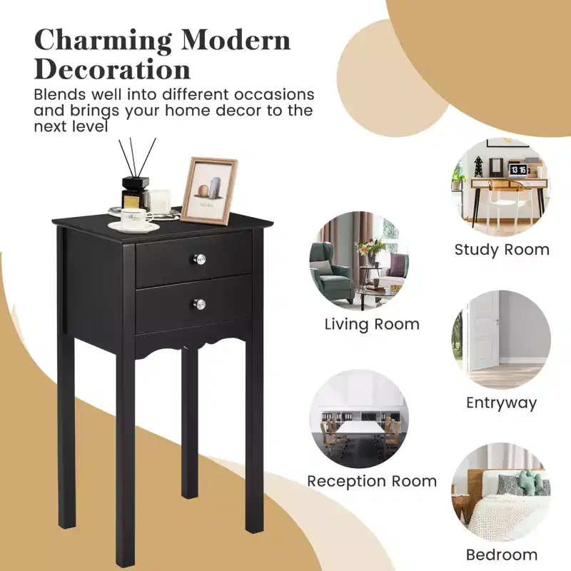 Costway Side Table End Accent Table Night Stand W/ 2 Drawers Furniture Black