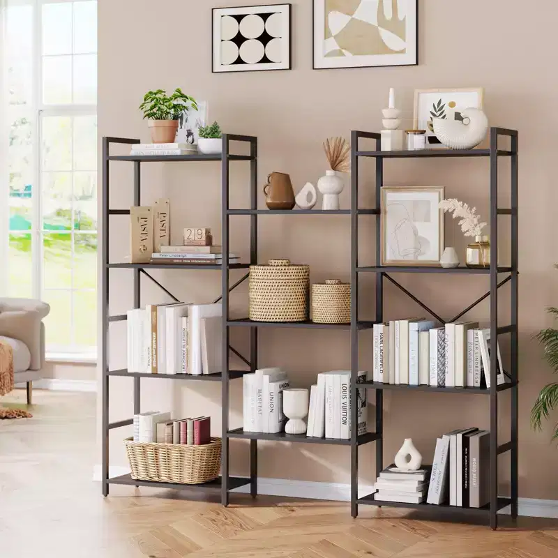 GustoWave 4 Tier Bookcases, Triple Wide Industrial Bookshelf, 62 x 54 x 10'' Steel Bookshelf, Display Storage Bookshelves
