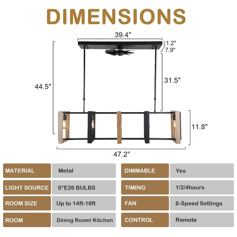 48  Modern Reversible Ceiling Fan 3-Speed with Remote, Kitchen Island Chandelier with 5-Light - 48 Inches