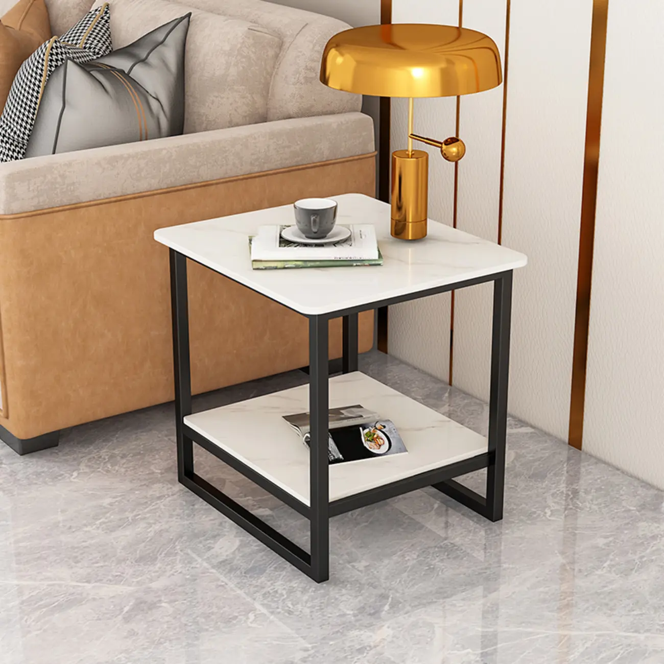 Glam Black Marble Side Table with Storage for Living Room