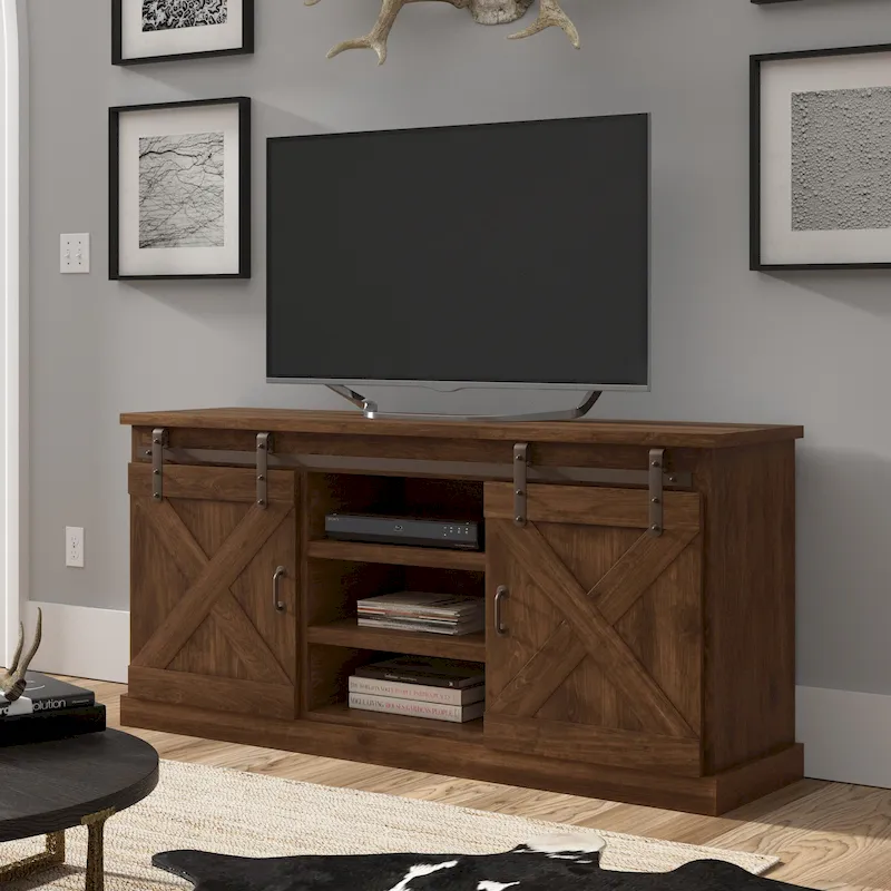 Farmhouse Solid Wood 66-inch TV Stand with Sliding Barn Doors