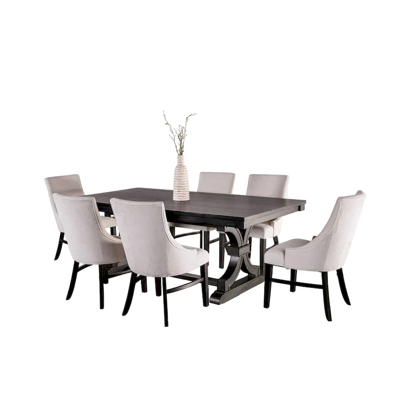 Luke 7pc Dining Table Set with 6 Wingback Chairs, Rectangular, Black, Beige