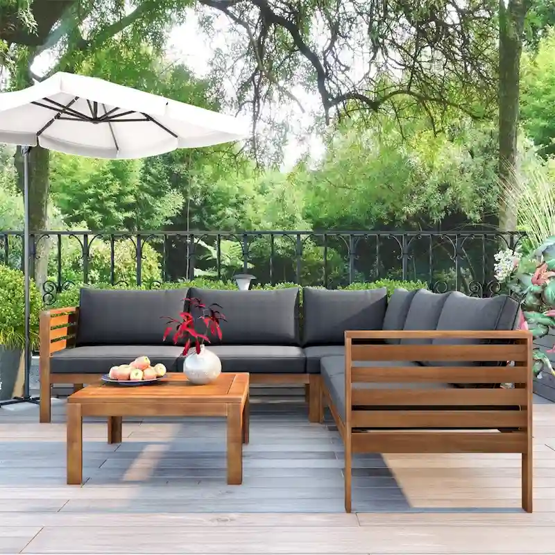 4 Piece Wood Outdoor Sofa Set with Cushions and Coffee Table