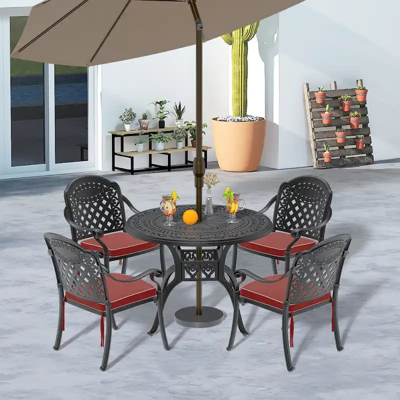 5-Pc Aluminum Patio Set , 5 x Armchairs with Cushions In Random Colors with 1 With Umbrella Hole Table