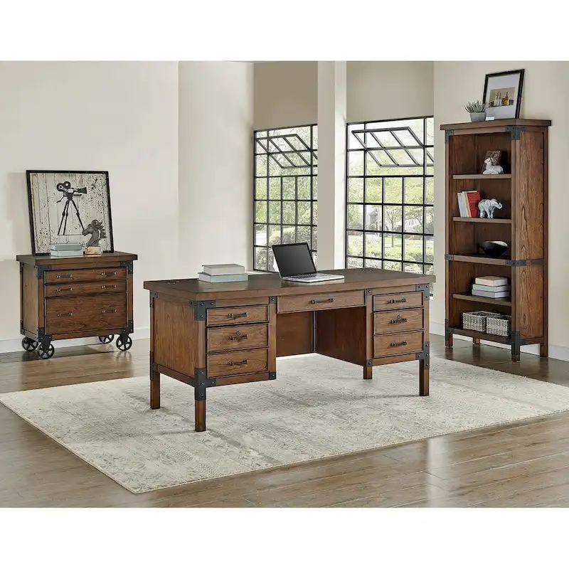 Addison Rustic Half Pedestal Executive Desk, Writing Table, Office Desk, Brown