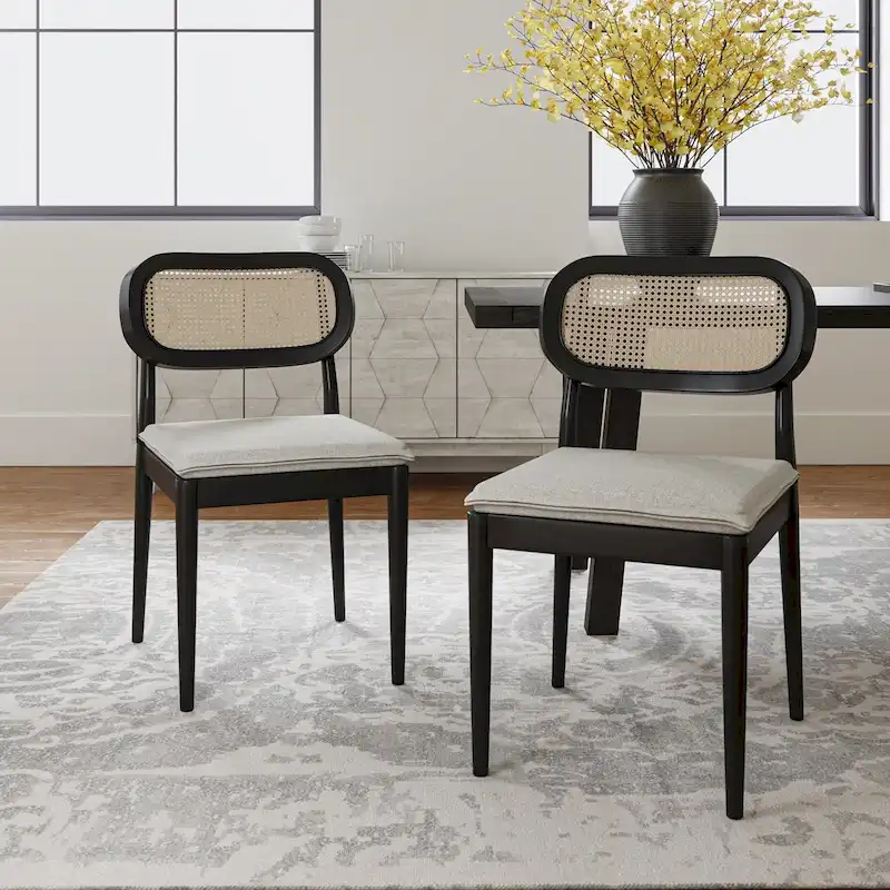 Modern Solid Wood Dining Chair with Ratten Back and Removable Cushion Set of 2 by
