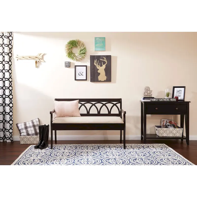 Antique Black Frame Storage Bench with Beige Cushion Seat