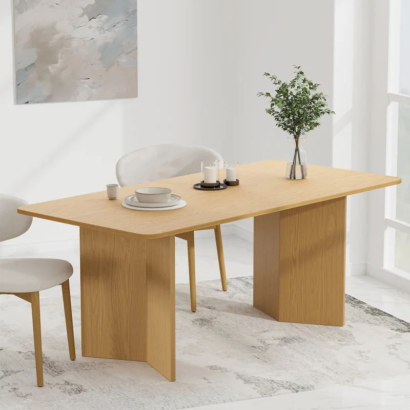 Lumioca Modern Oak Wood Top 67 in. Double Pedestal Base Dining Table