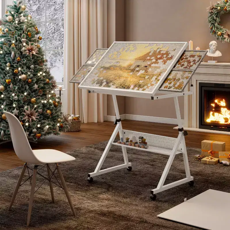 GDFStudio Anchalee Modern Metal and Wooden Jigsaw Puzzle Table Board with 4 Trays